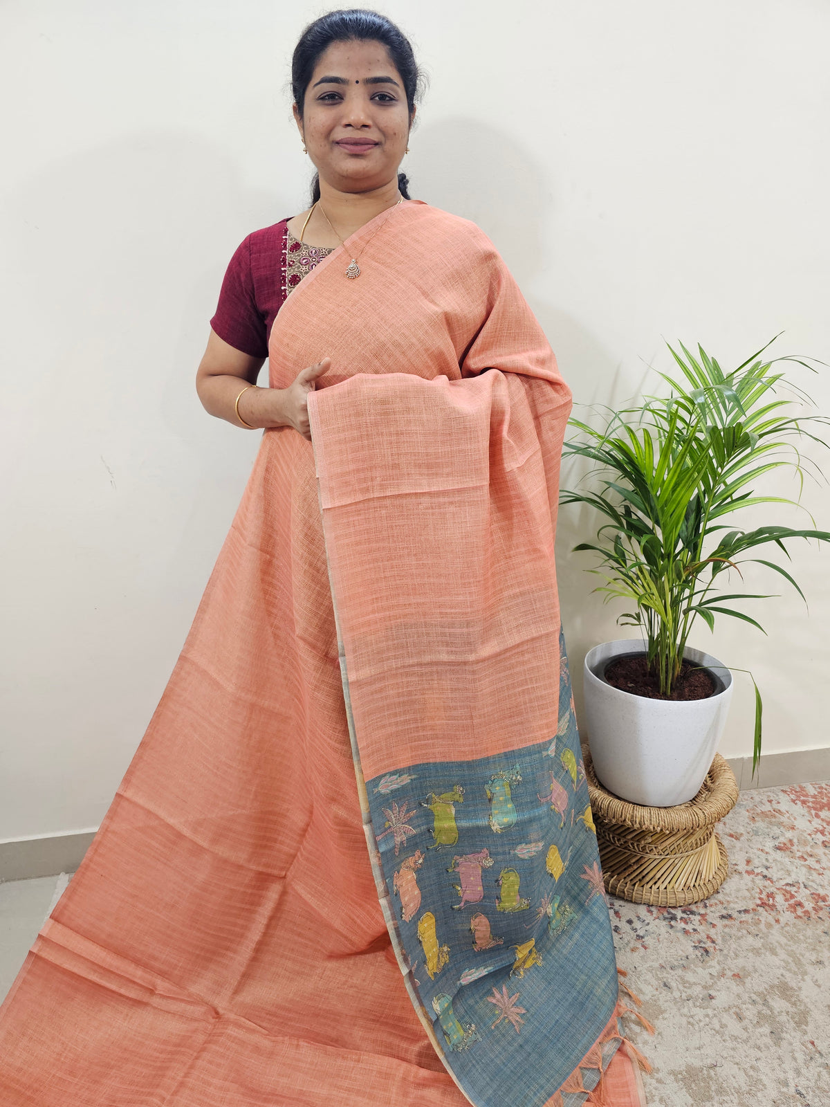 Linen Tissue with Zari Weaving Digital Printed Sarees - Peach with Grey
