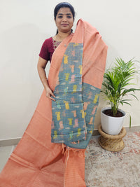 Linen Tissue with Zari Weaving Digital Printed Sarees - Peach with Grey