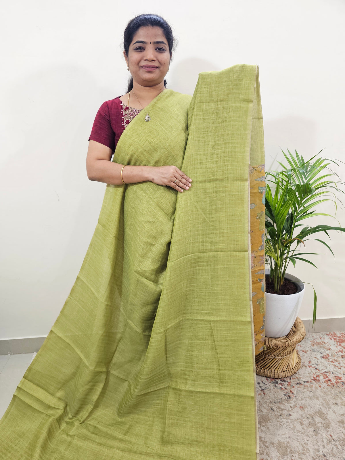 Linen Tissue with Zari Weaving Digital Printed Sarees - Green with Yellow