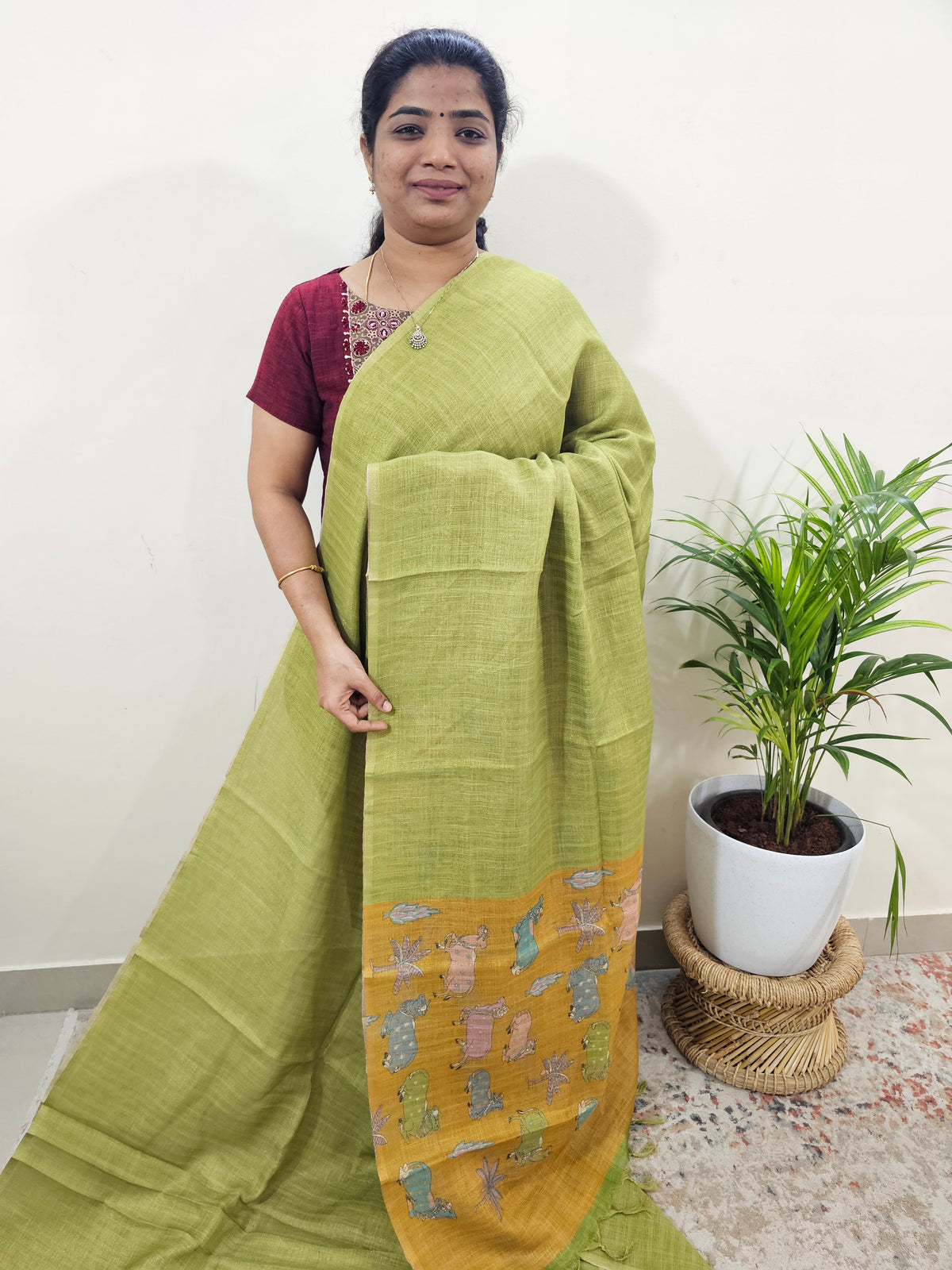 Linen Tissue with Zari Weaving Digital Printed Sarees - Green with Yellow