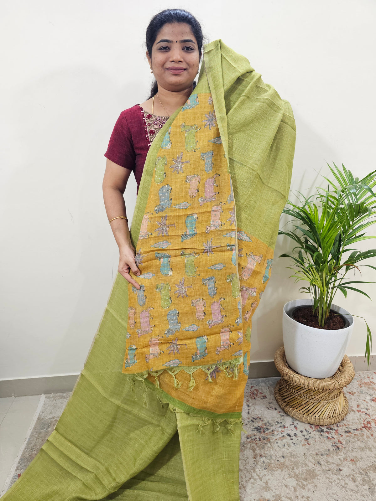 Linen Tissue with Zari Weaving Digital Printed Sarees - Green with Yellow