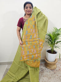 Linen Tissue with Zari Weaving Digital Printed Sarees - Green with Yellow