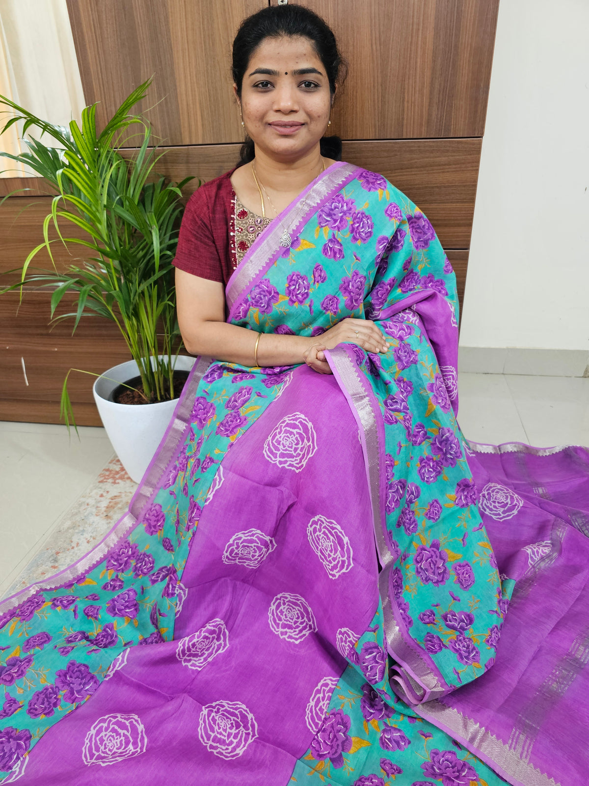 Handwoven Mangalagiri Pattu Saree with Digital Prints  - Purple with Sea Green