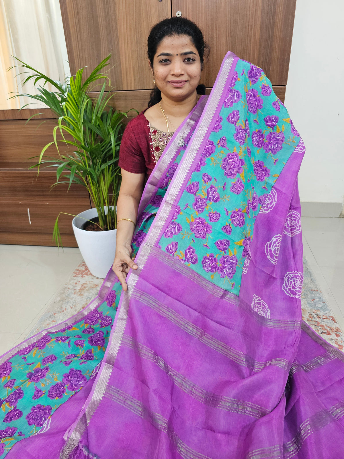 Handwoven Mangalagiri Pattu Saree with Digital Prints  - Purple with Sea Green