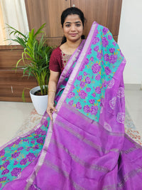 Handwoven Mangalagiri Pattu Saree with Digital Prints  - Purple with Sea Green