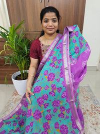 Handwoven Mangalagiri Pattu Saree with Digital Prints  - Purple with Sea Green
