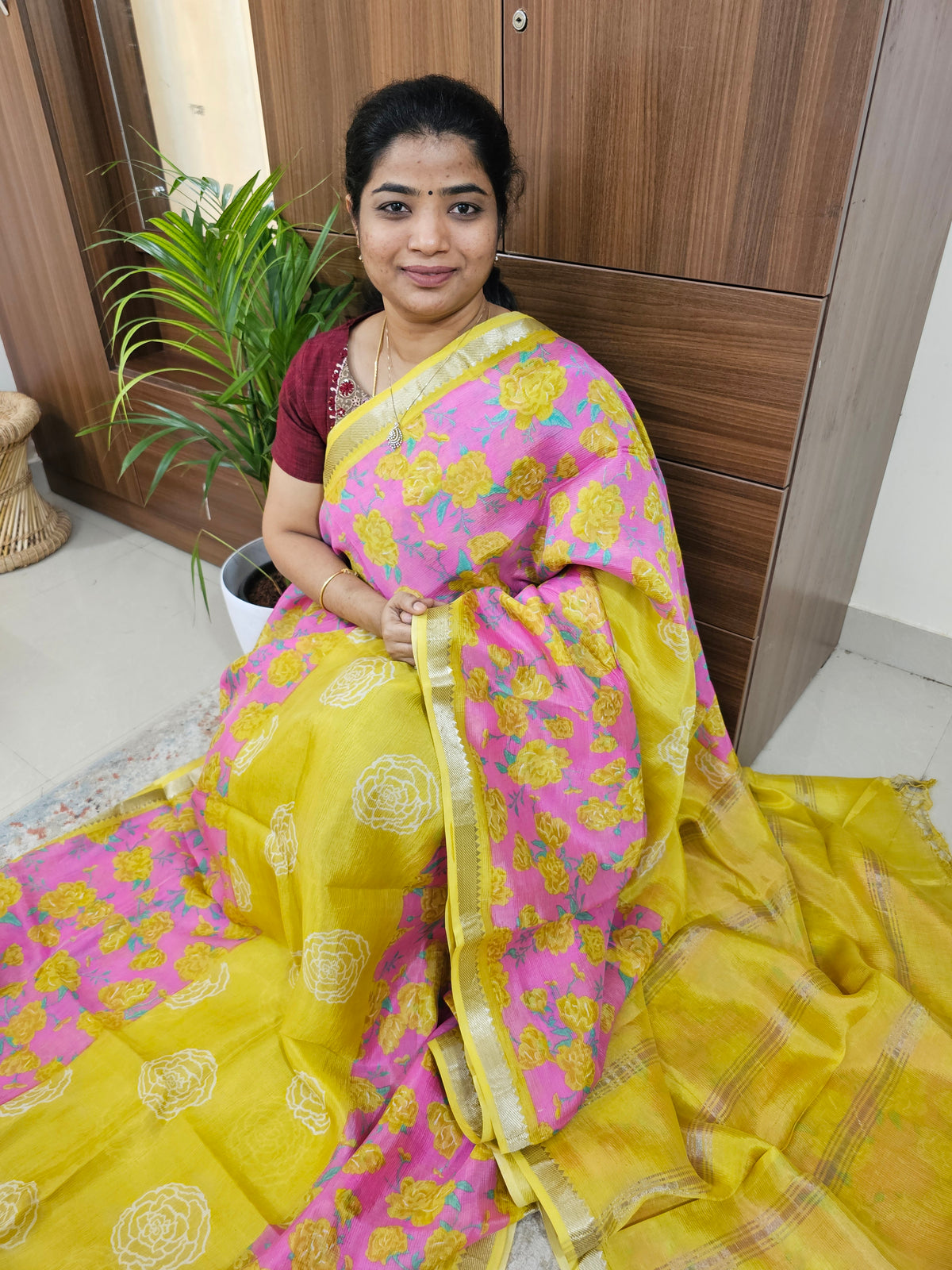 Handwoven Mangalagiri Pattu Saree with Digital Prints  - Mango Yellow with Pink