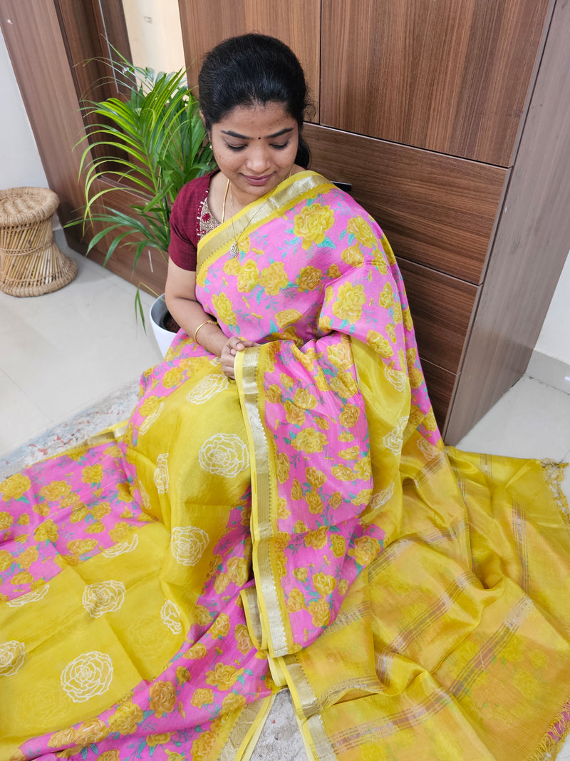 Handwoven Mangalagiri Pattu Saree with Digital Prints  - Mango Yellow with Pink