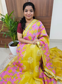 Handwoven Mangalagiri Pattu Saree with Digital Prints  - Mango Yellow with Pink