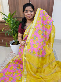 Handwoven Mangalagiri Pattu Saree with Digital Prints  - Mango Yellow with Pink