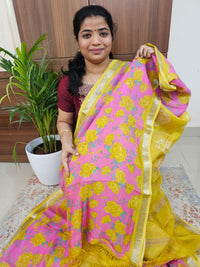 Handwoven Mangalagiri Pattu Saree with Digital Prints  - Mango Yellow with Pink