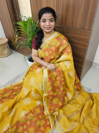 Handwoven Mangalagiri Pattu Saree with Digital Prints  - Mustard Yellow with Brown