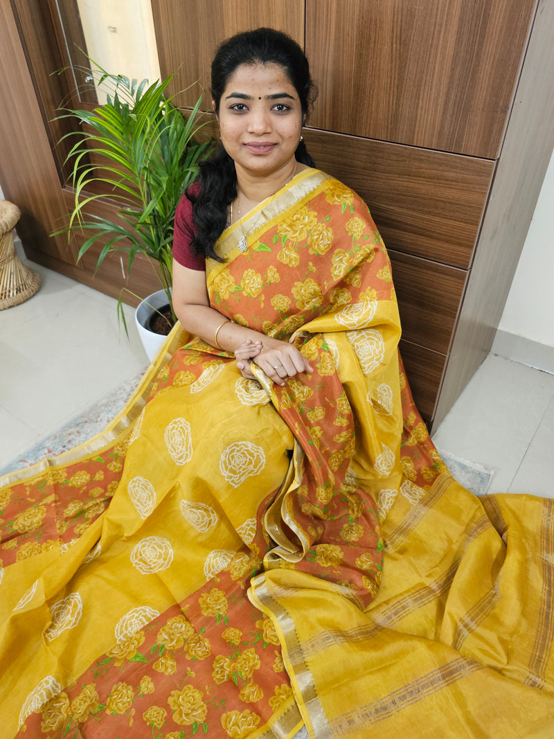 Handwoven Mangalagiri Pattu Saree with Digital Prints  - Mustard Yellow with Brown