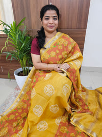 Handwoven Mangalagiri Pattu Saree with Digital Prints  - Mustard Yellow with Brown