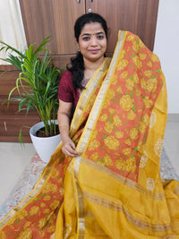 Handwoven Mangalagiri Pattu Saree with Digital Prints  - Mustard Yellow with Brown
