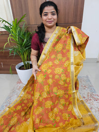 Handwoven Mangalagiri Pattu Saree with Digital Prints  - Mustard Yellow with Brown