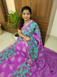 Handwoven Mangalagiri Pattu Saree with Digital Prints  - Purple with Sea Green