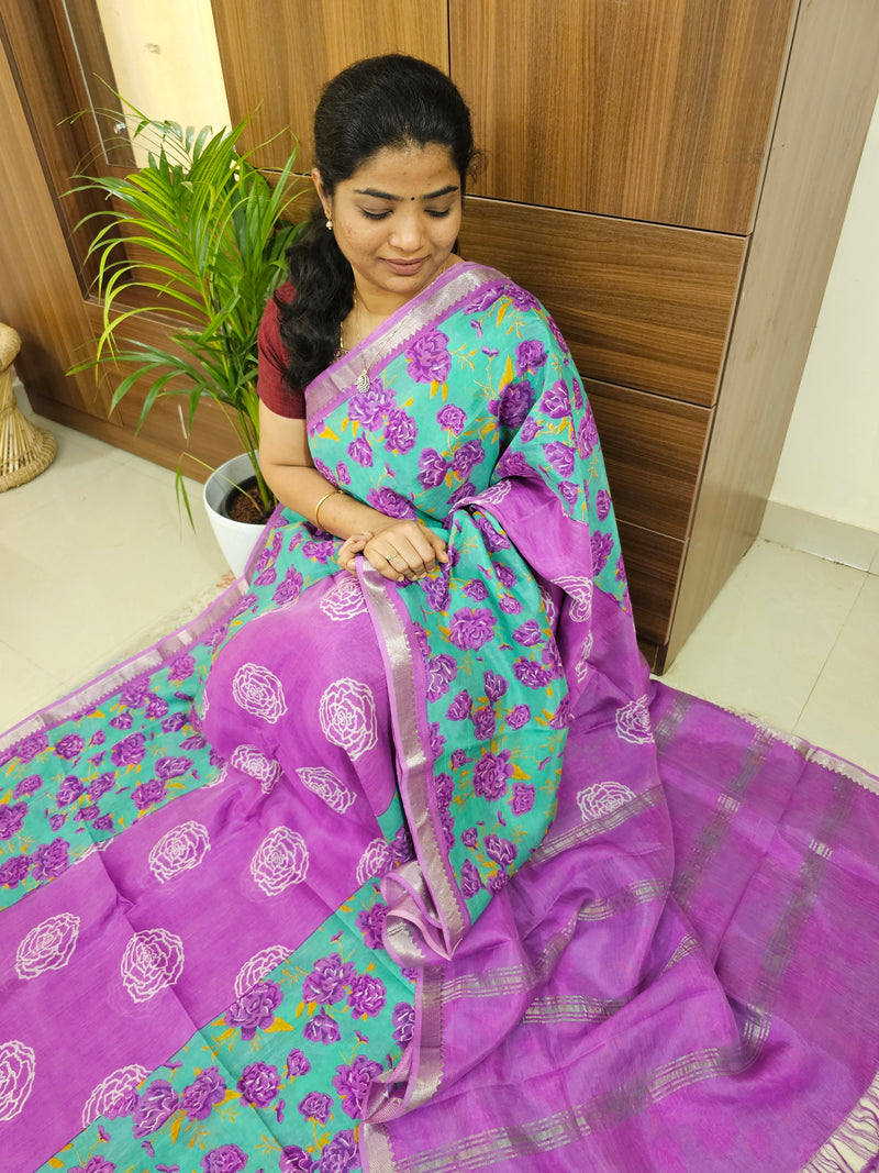 Handwoven Mangalagiri Pattu Saree with Digital Prints  - Purple with Sea Green