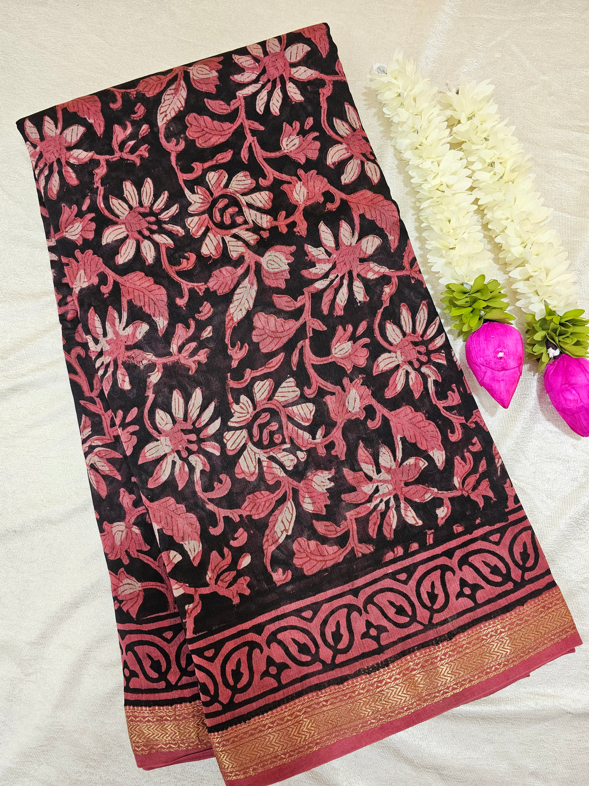 Maheshwari Silk Cotton with Ajrak Hand Block Printed Saree - Black with Pink