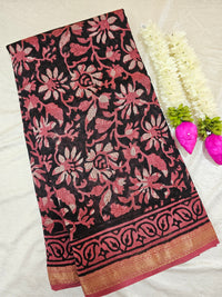 Maheshwari Silk Cotton with Ajrak Hand Block Printed Saree - Black with Pink