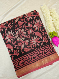 Maheshwari Silk Cotton with Ajrak Hand Block Printed Saree - Black with Pink