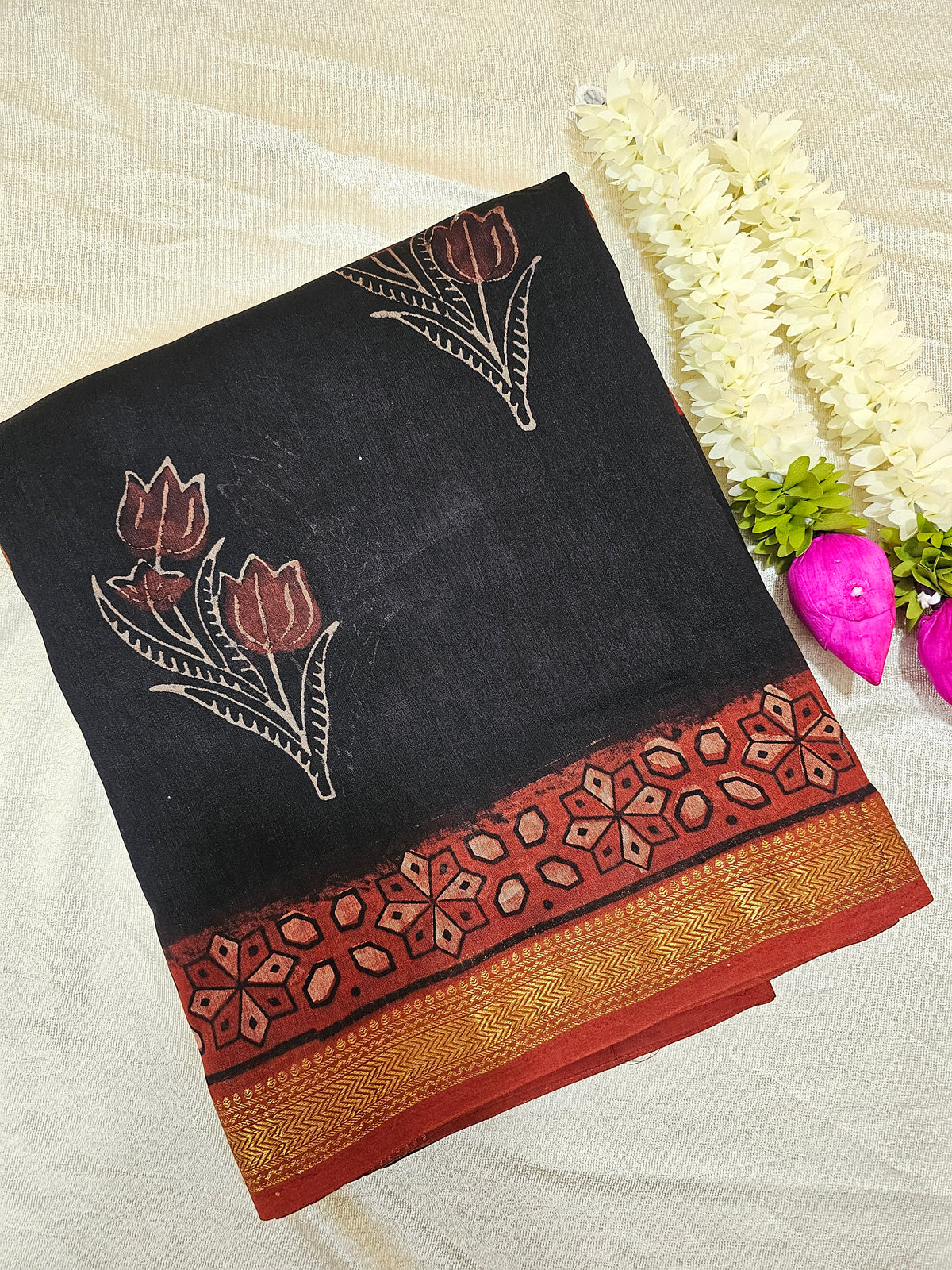 Maheshwari Silk Cotton with Ajark Hand Block Printed Saree - Black with Red
