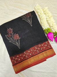 Maheshwari Silk Cotton with Ajark Hand Block Printed Saree - Black with Red