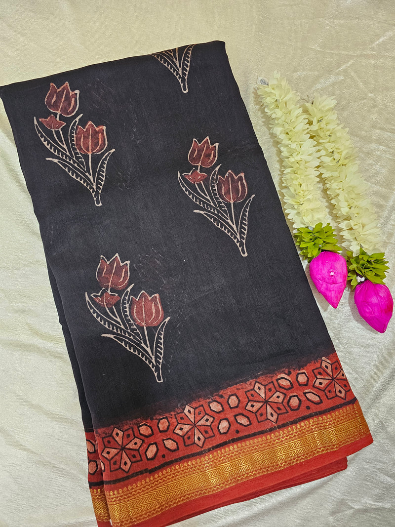 Maheshwari Silk Cotton with Ajark Hand Block Printed Saree - Black with Red