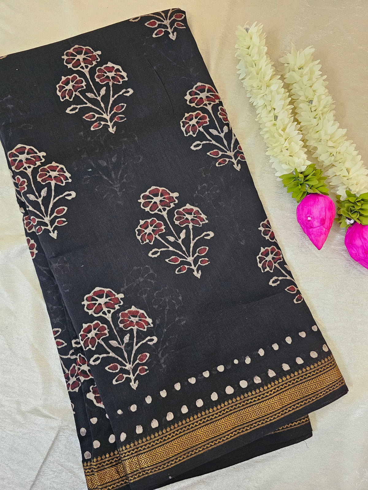 Maheshwari Silk Cotton with Ajrak Hand Block Printed Saree - Black