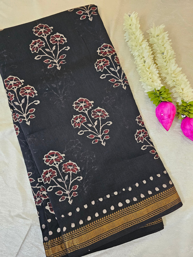 Maheshwari Silk Cotton with Ajrak Hand Block Printed Saree - Black
