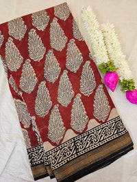 Maheshwari Silk Cotton with Ajrak Hand Block Printed Saree - Red