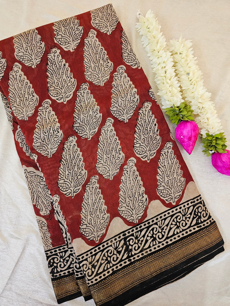 Maheshwari Silk Cotton with Ajrak Hand Block Printed Saree - Red