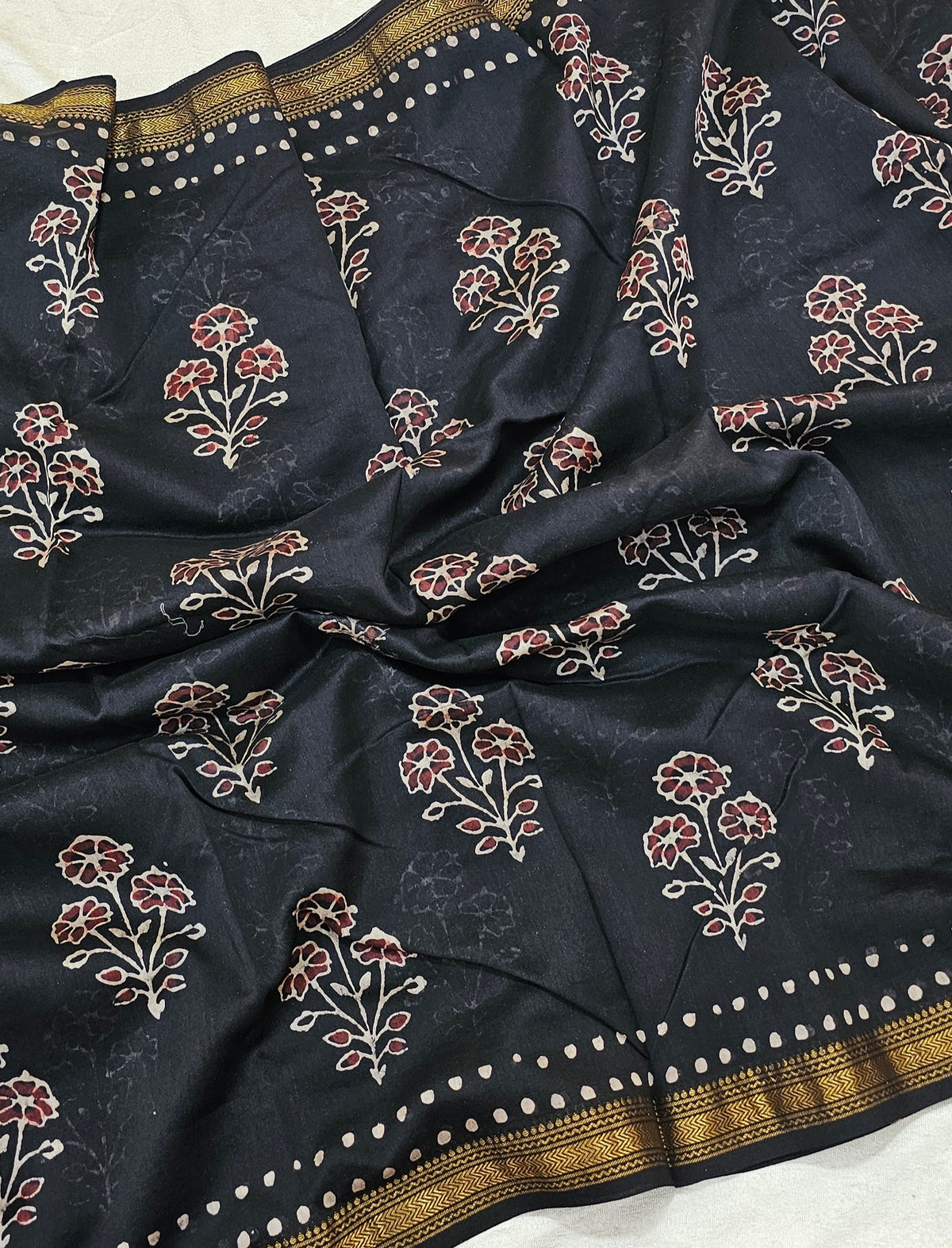 Maheshwari Silk Cotton with Ajrak Hand Block Printed Saree - Black