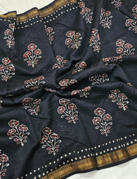 Maheshwari Silk Cotton with Ajrak Hand Block Printed Saree - Black