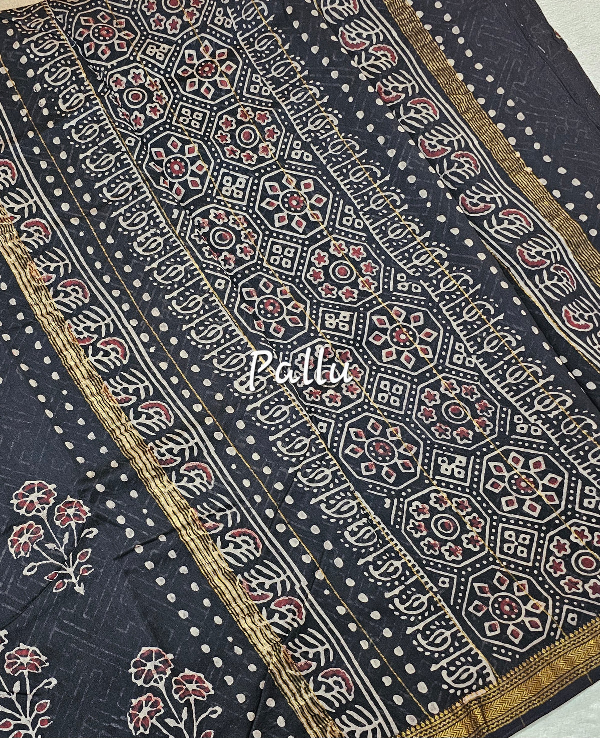 Maheshwari Silk Cotton with Ajrak Hand Block Printed Saree - Black