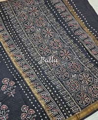 Maheshwari Silk Cotton with Ajrak Hand Block Printed Saree - Black