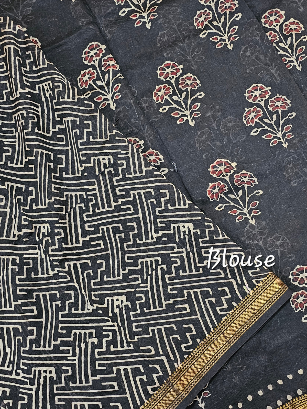 Maheshwari Silk Cotton with Ajrak Hand Block Printed Saree - Black