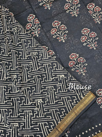 Maheshwari Silk Cotton with Ajrak Hand Block Printed Saree - Black