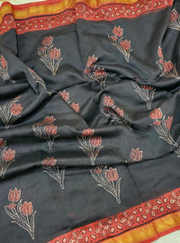 Maheshwari Silk Cotton with Ajark Hand Block Printed Saree - Black with Red