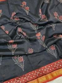 Maheshwari Silk Cotton with Ajark Hand Block Printed Saree - Black with Red