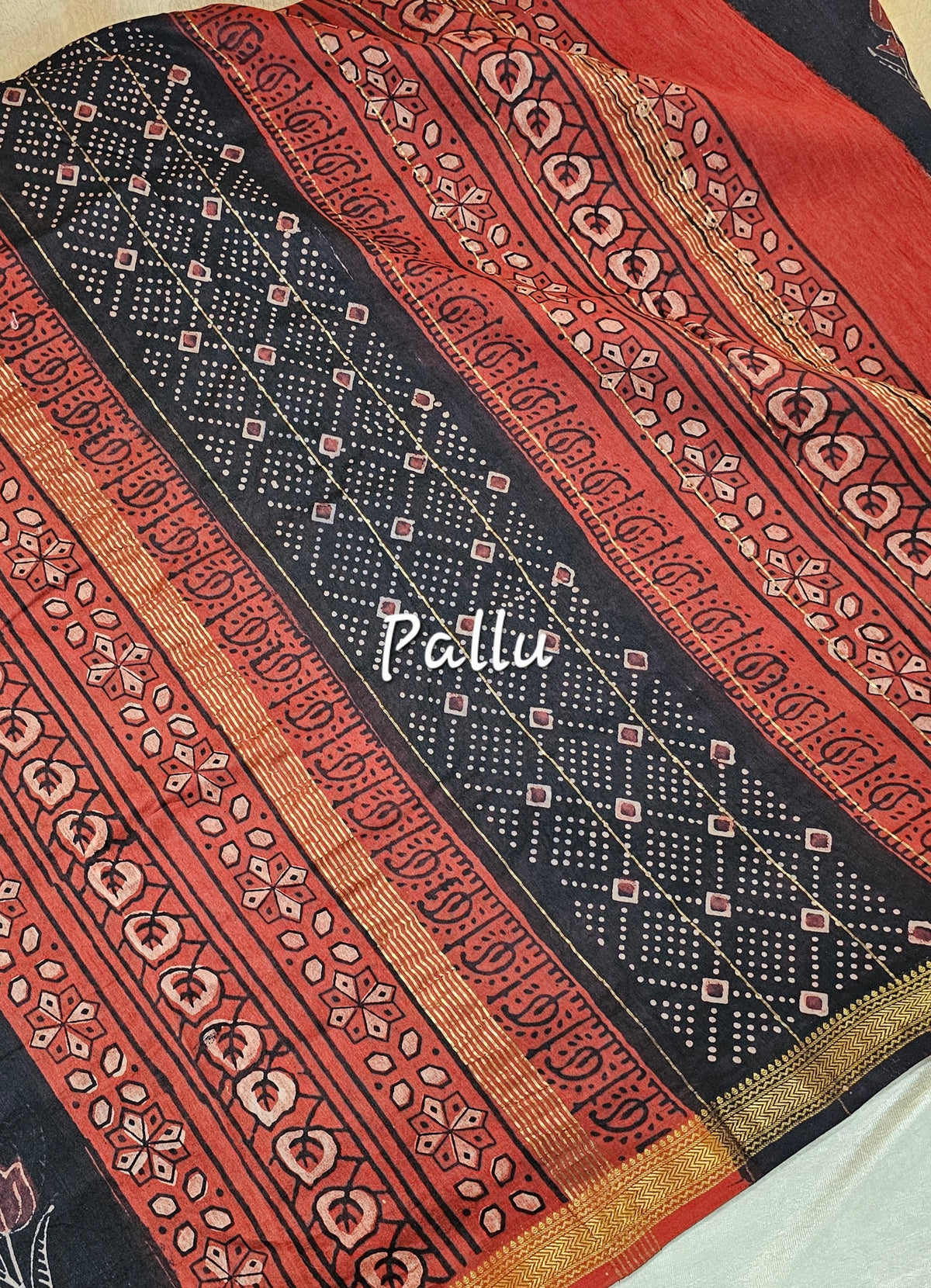 Maheshwari Silk Cotton with Ajark Hand Block Printed Saree - Black with Red
