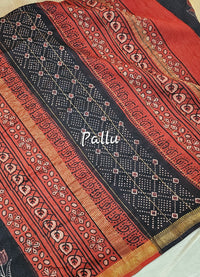 Maheshwari Silk Cotton with Ajark Hand Block Printed Saree - Black with Red