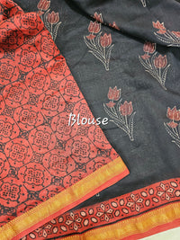 Maheshwari Silk Cotton with Ajark Hand Block Printed Saree - Black with Red