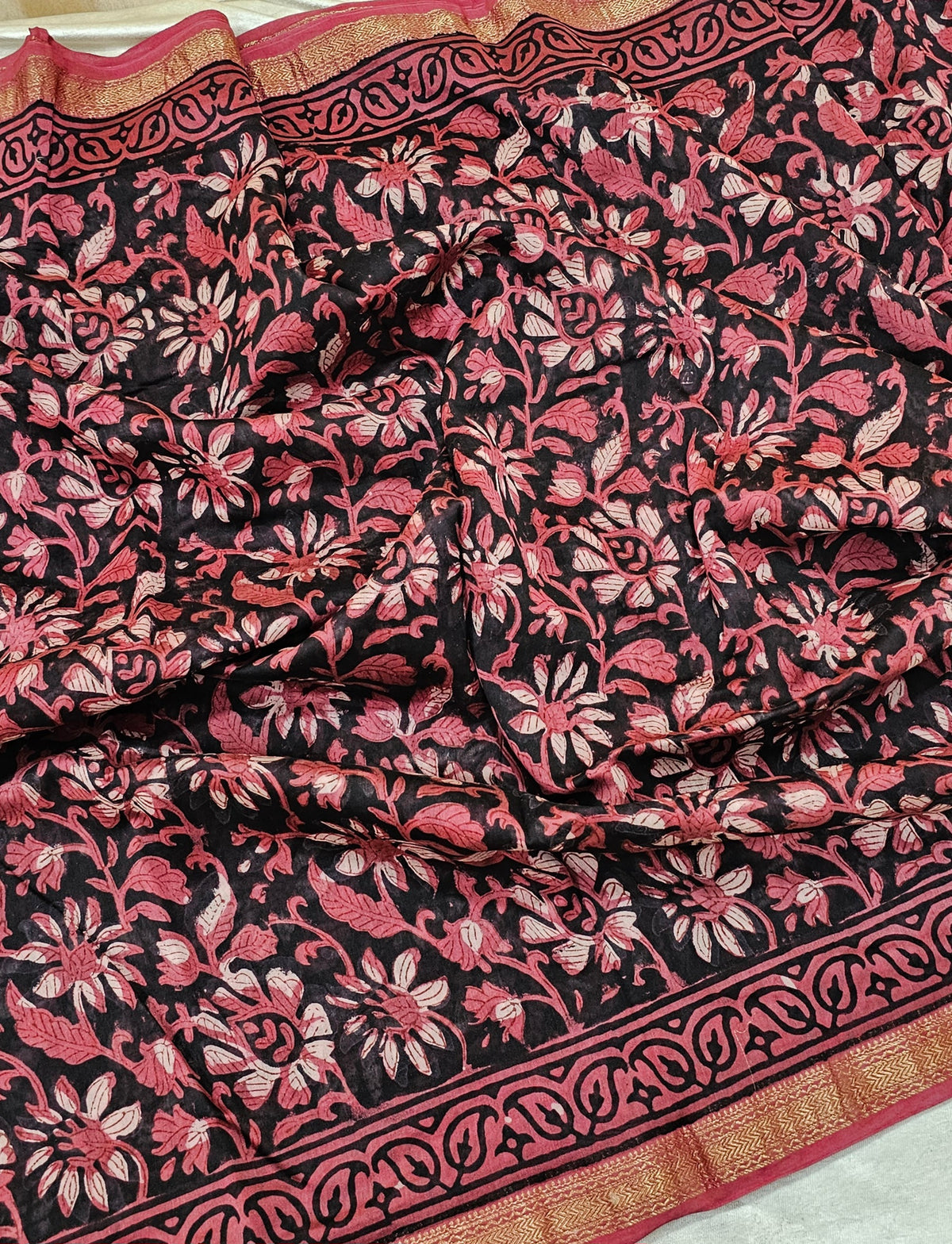 Maheshwari Silk Cotton with Ajrak Hand Block Printed Saree - Black with Pink