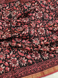 Maheshwari Silk Cotton with Ajrak Hand Block Printed Saree - Black with Pink