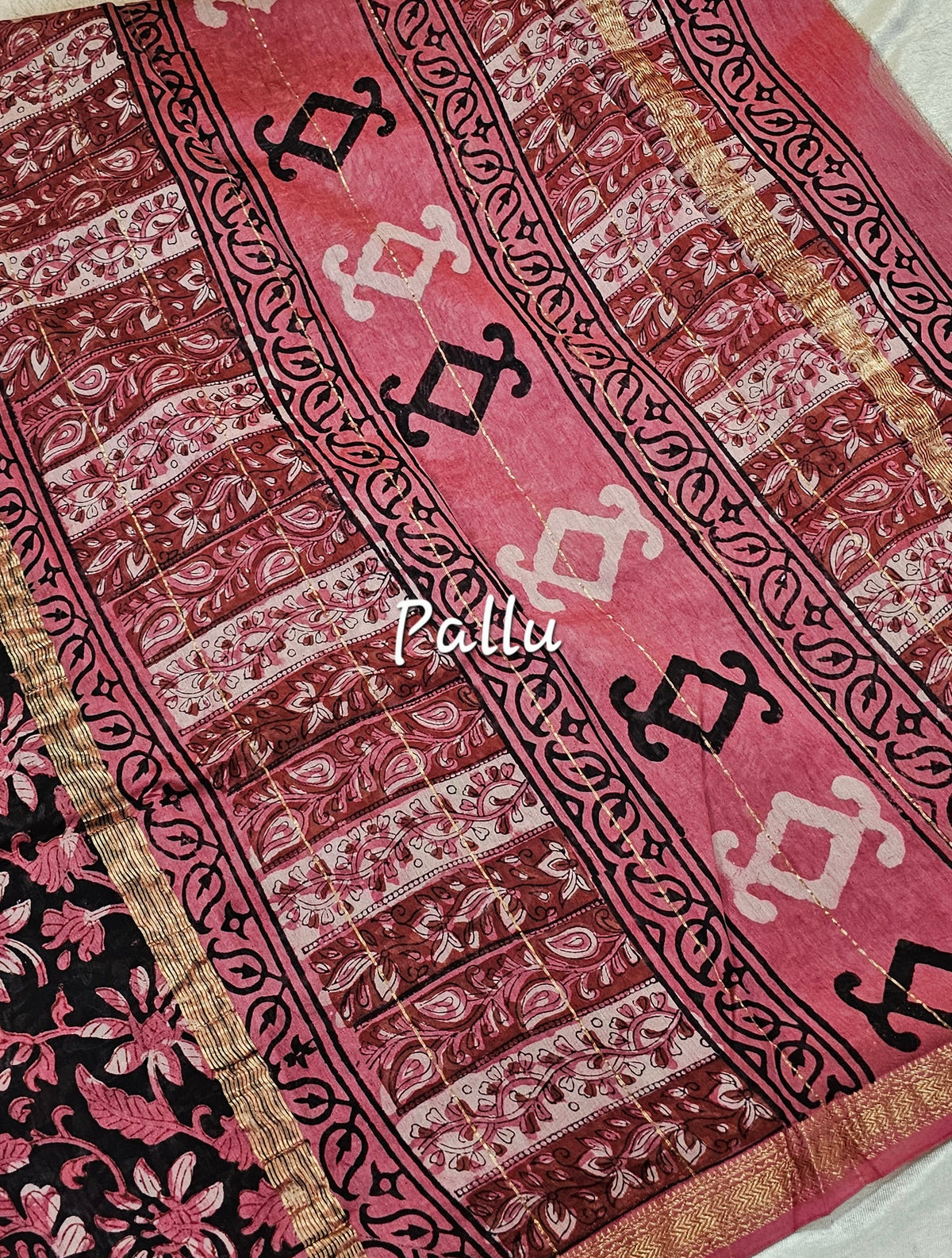 Maheshwari Silk Cotton with Ajrak Hand Block Printed Saree - Black with Pink