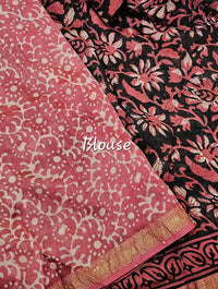 Maheshwari Silk Cotton with Ajrak Hand Block Printed Saree - Black with Pink