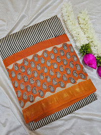 Maheshwari Silk Cotton Hand Block Printed Saree - Black with Orange