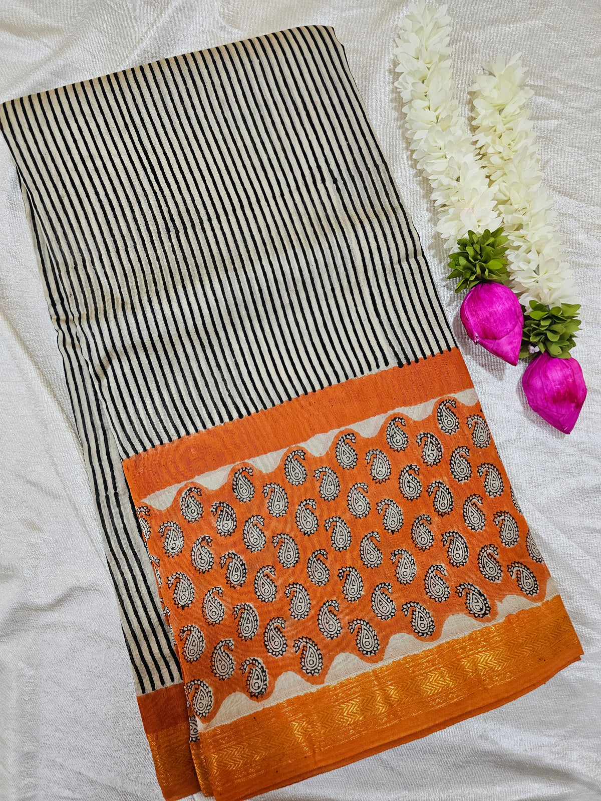 Maheshwari Silk Cotton Hand Block Printed Saree - Black with Orange