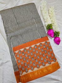 Maheshwari Silk Cotton Hand Block Printed Saree - Black with Orange